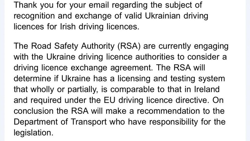 🇮🇪 Important Update: The RSA Is Assessing an Ireland–Ukraine Driving Licence Exchange Agreement