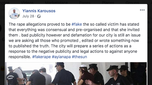 Mayor Yiannis Karousos posted on his facebook page that rape victim should be jailed.