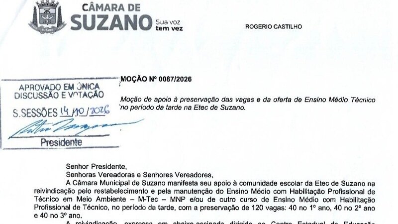 Moção da Câmara de Suzano aprovada por unanimidade!