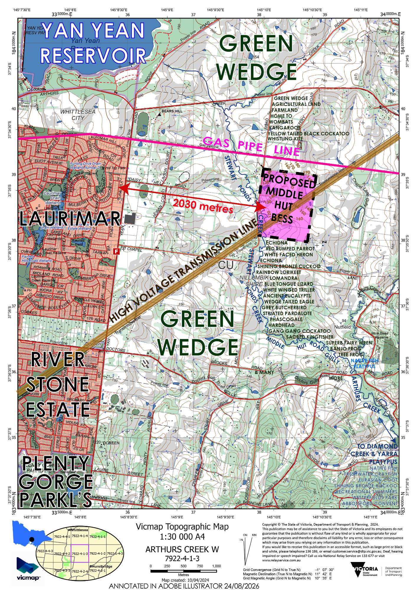 Map showing location of the proposed Battery Plant in the Green Wedge close to residential housing, Yan Yean Reservoir Water supply and Gas Pipeline