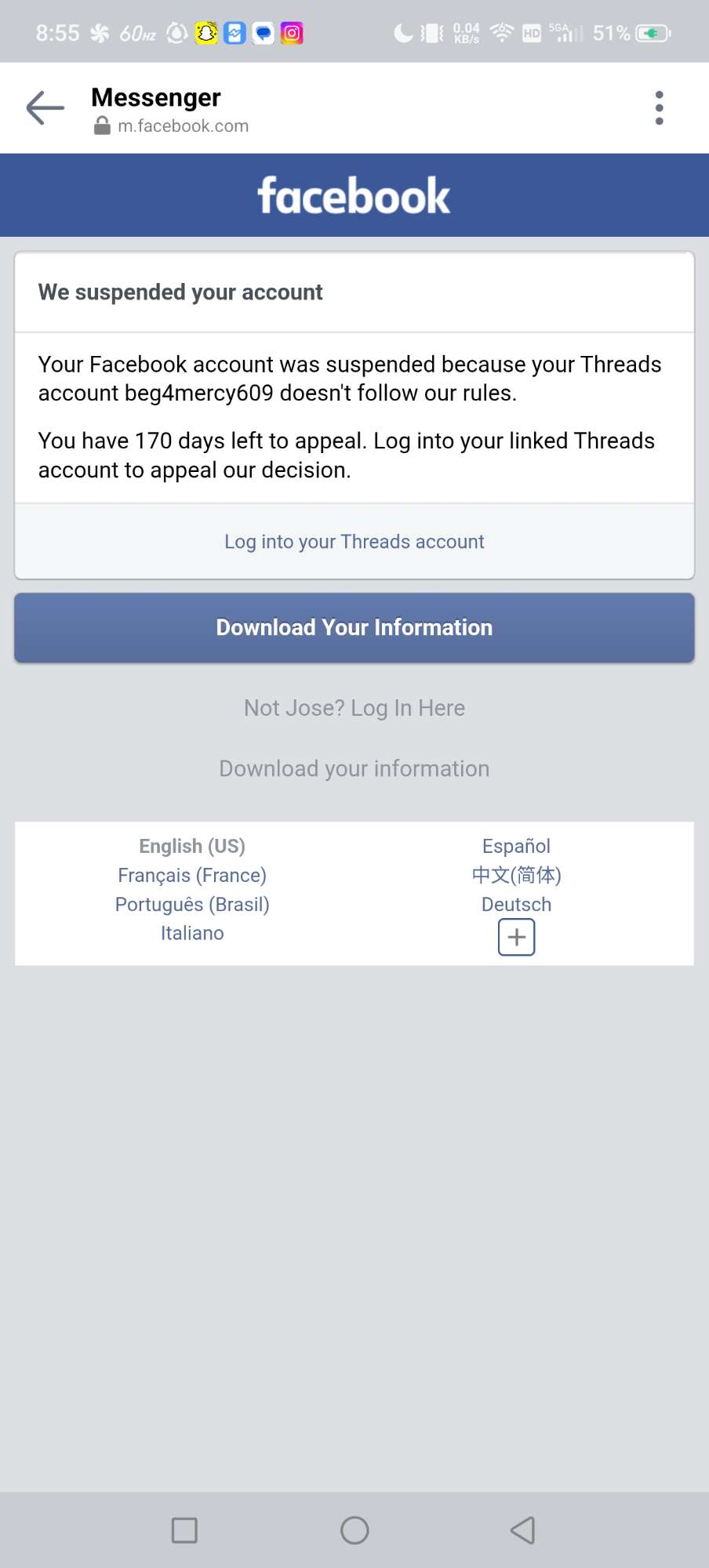 Threads Suspension Caused my Facebook to be Suspended Too