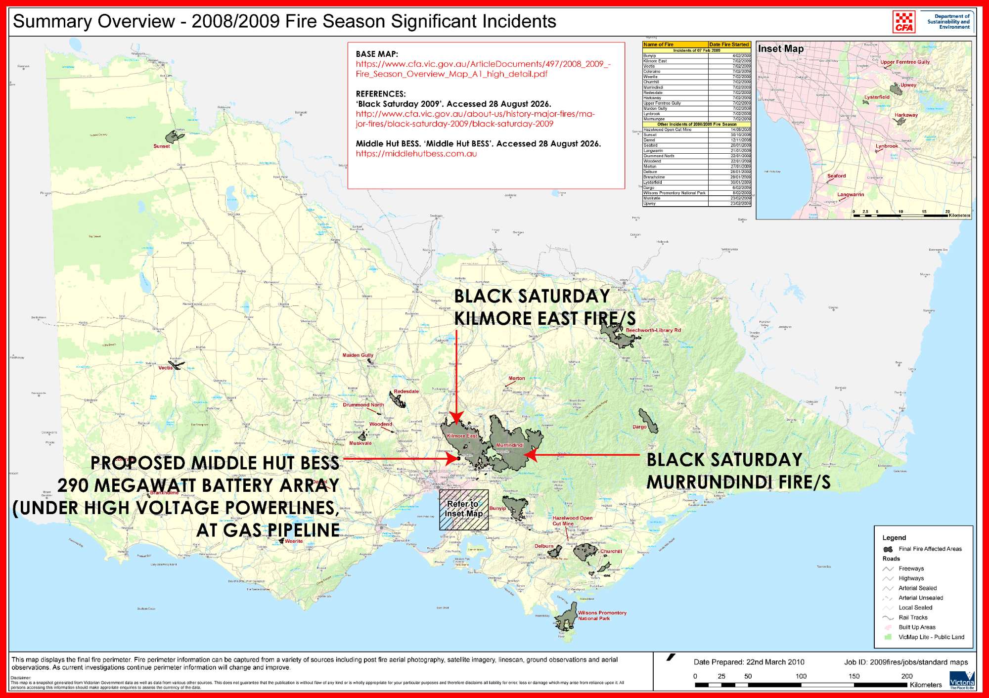 Image showing the extremely close proximity of the burnt ground in the Black Saturday fires and the proposed location of the BESS