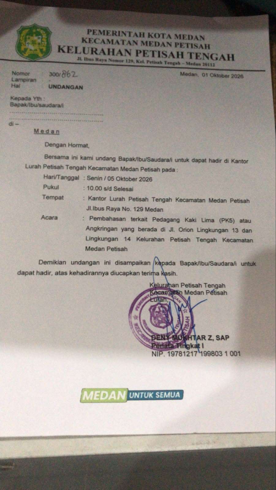 Undangan Lurah Petisah Tengah Terkait kebisingan Lingkungan