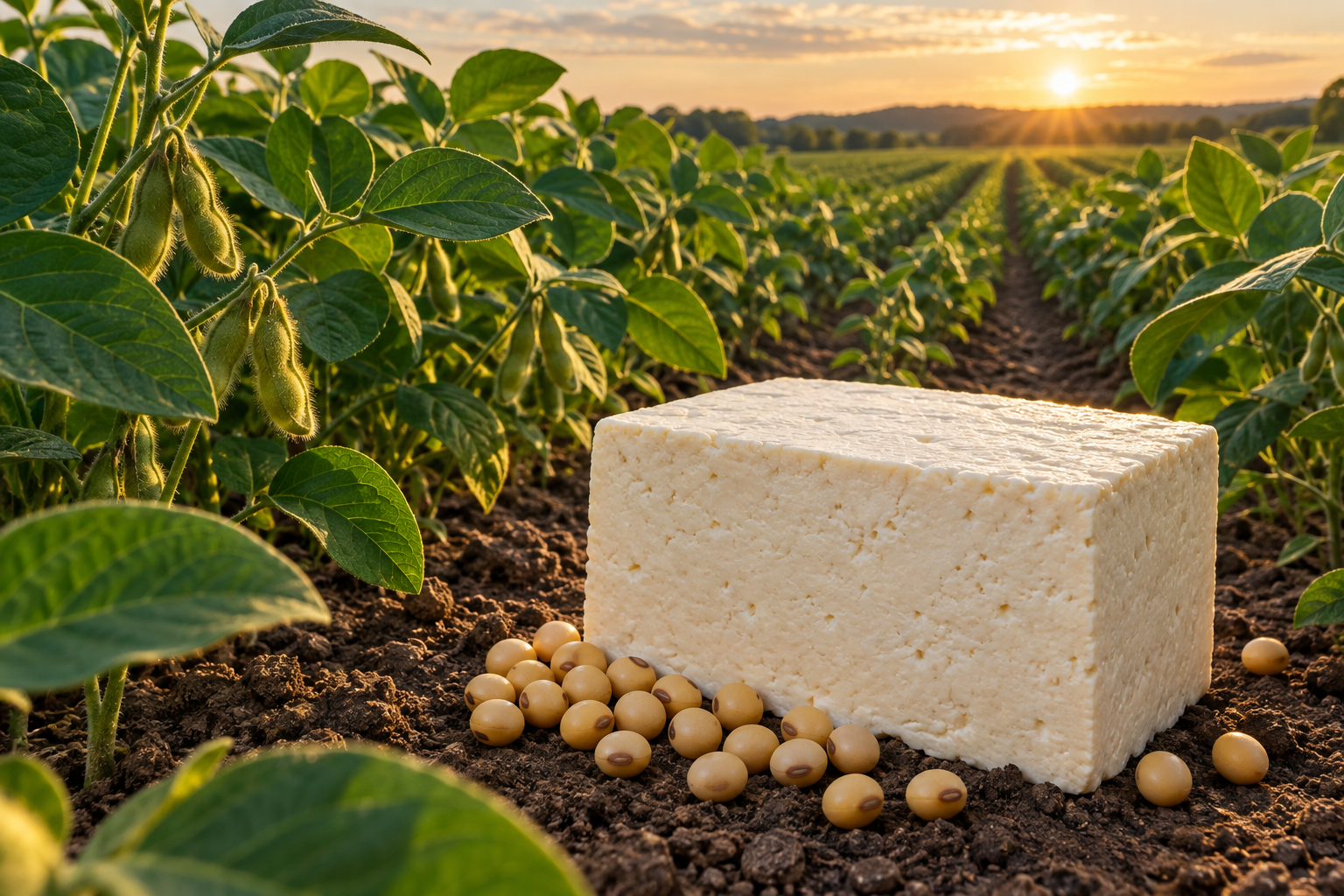 USA TOFU campaign illustration: a tofu block and soybeans in a soybean field at sunset.