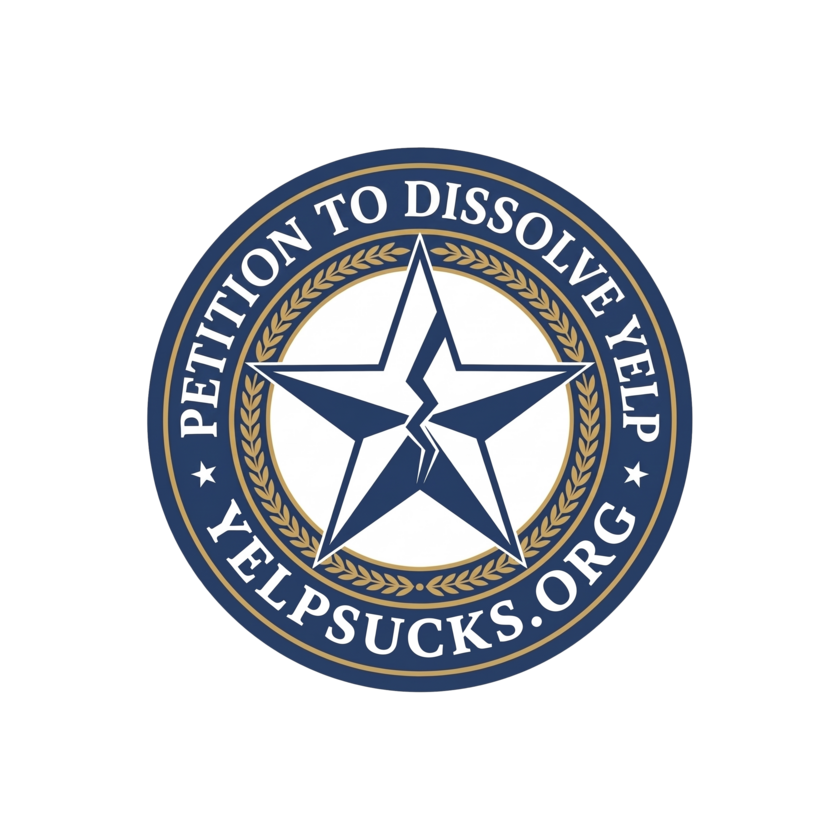 Official seal of the Petition to Dissolve Yelp Inc. — a cracked silver star medallion reading "Petition to Dissolve, yelpsucks.org."