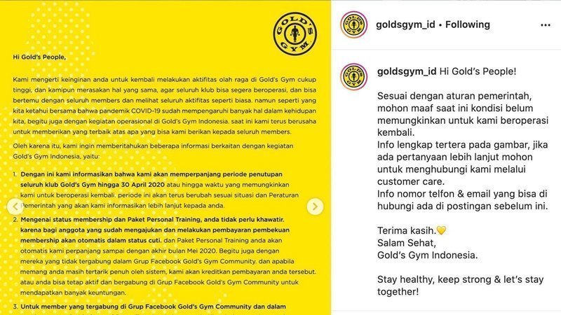 Petisi Gold S Gym Indonesia Kembalikan Uang Membership Dan Uang Cuti Gold S Gym Selama Tutup Change Org