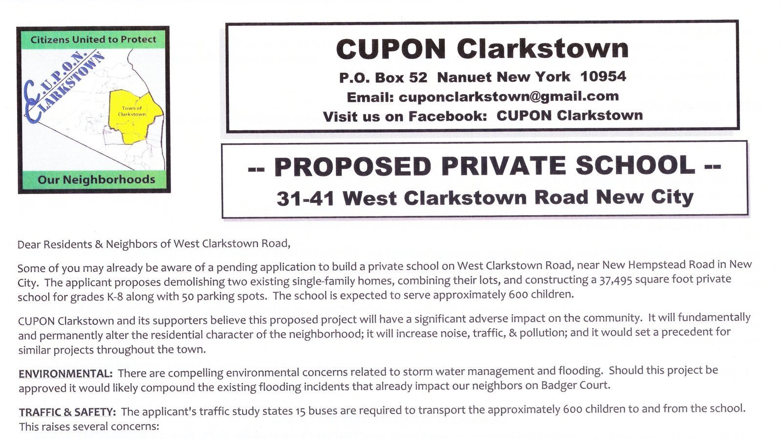 Petition · Say NO to Building a School at 31 & 41 West Clarkstown Road