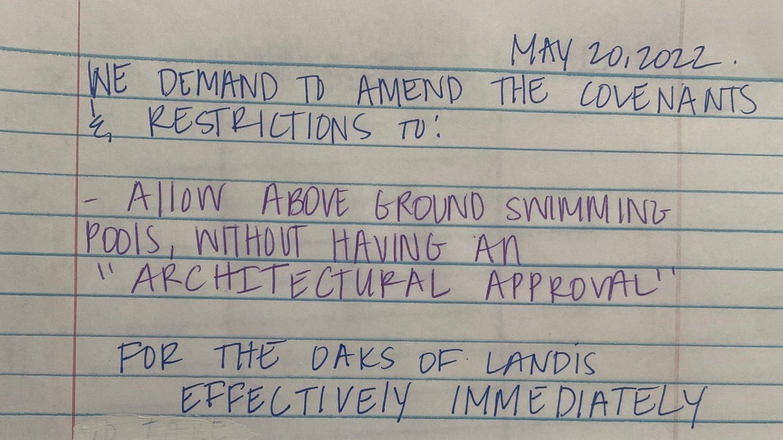 Petition · Allow above ground swimming pools The Oaks of Landis