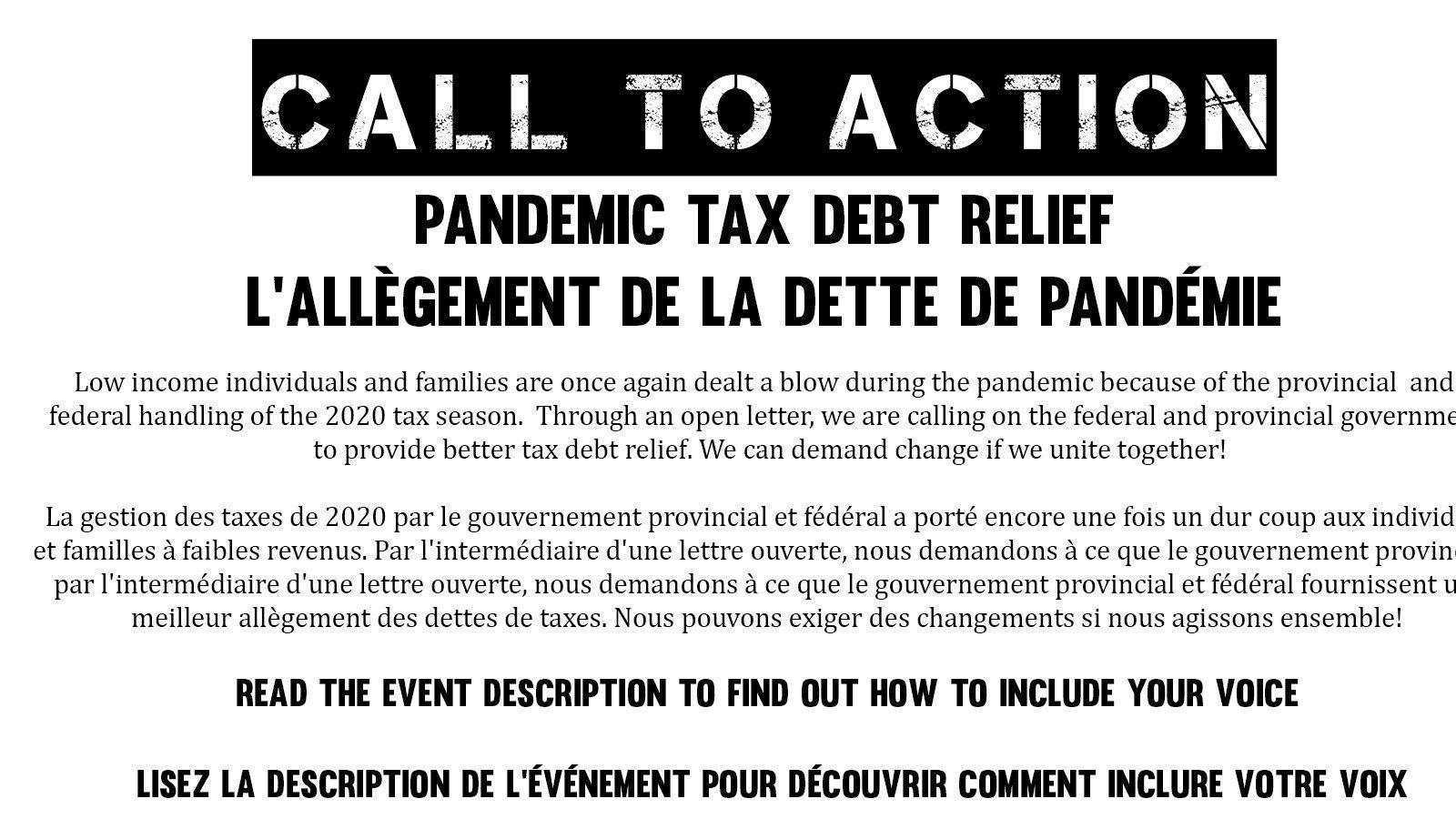Petition · CALL TO ACTION Pandemic Tax Debt Relief/L'allègement de la