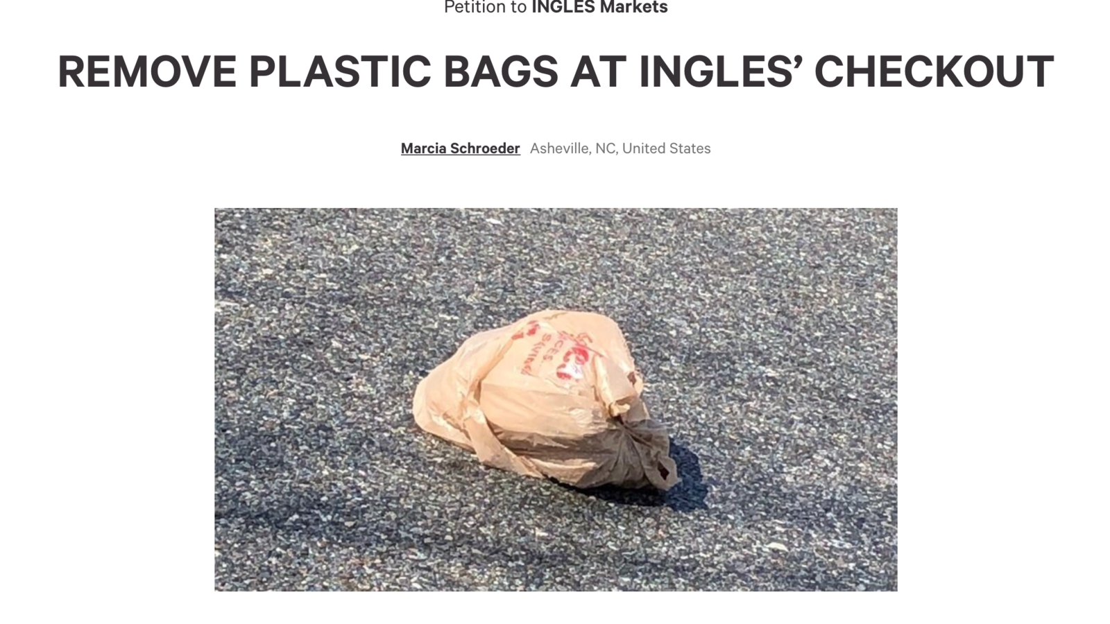 Petition · REMOVE PLASTIC BAGS AT INGLES’ CHECKOUT ·