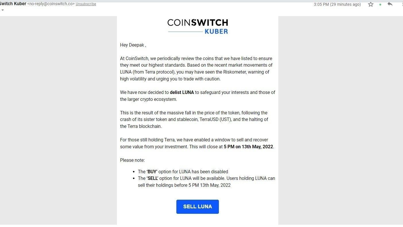 Petition · CoinSwitch India should give option to Withdraw LUNA