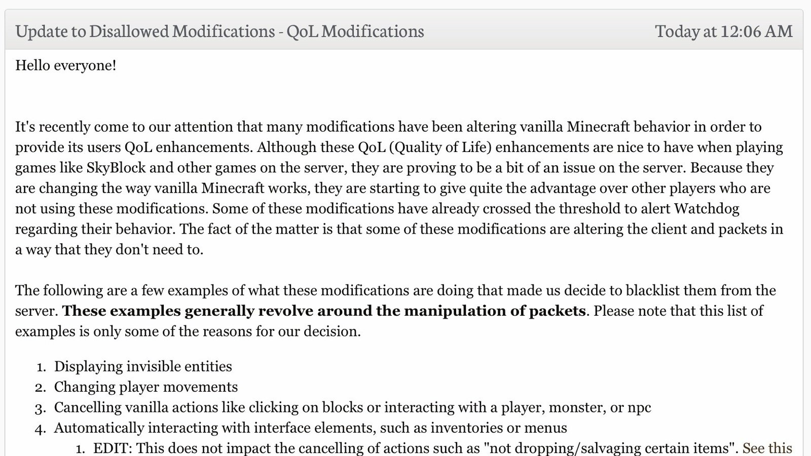 Petition · Revert Disallowed Modification Change for Hypixel Skyblock ...